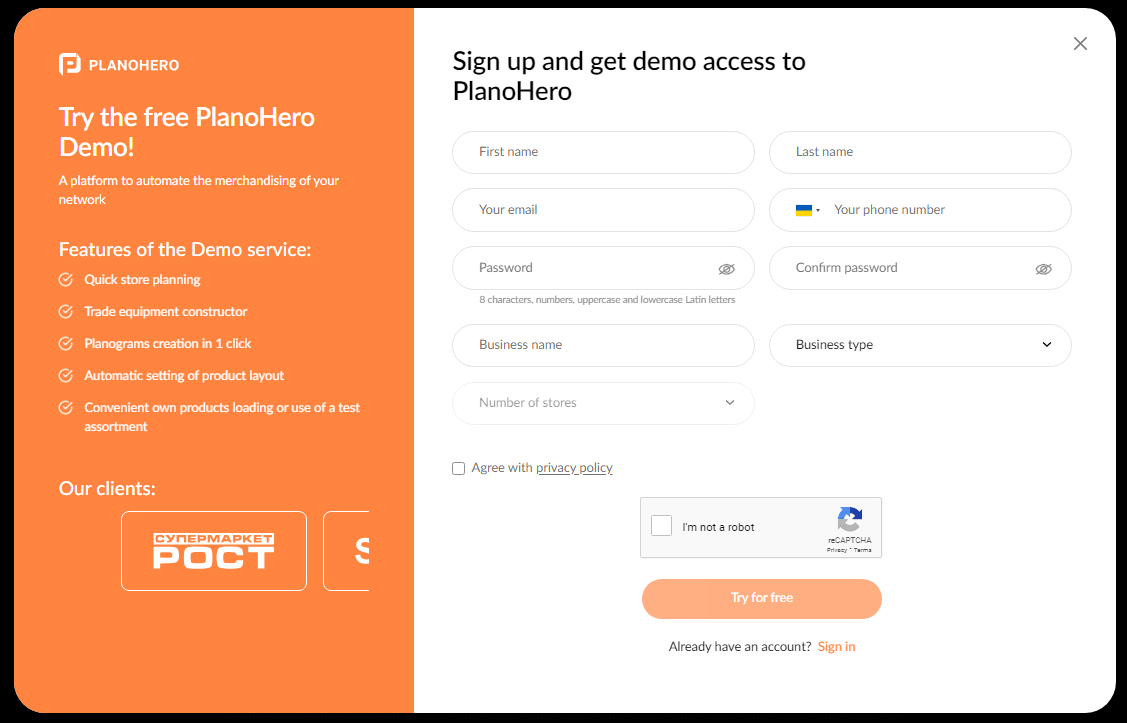 PlanoHero sign-up form