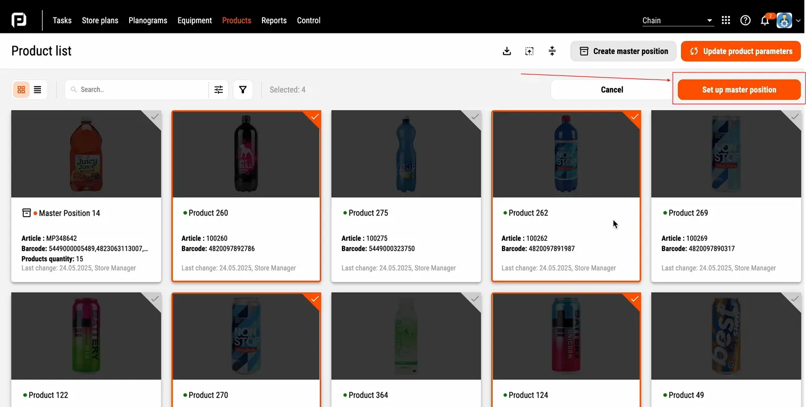 Personalización de la lista de productos para el artículo principal de bebidas energéticas